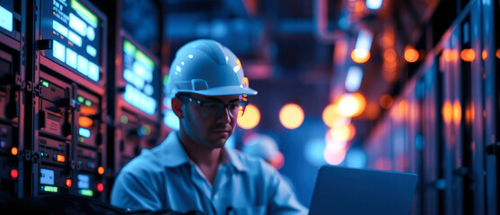 Technician working on server room
