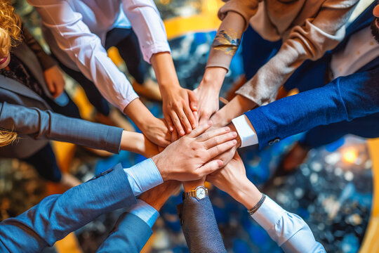 Diverse group of businesspeople with hands coming together in unity, teamwork, and celebration, success in collaboration,