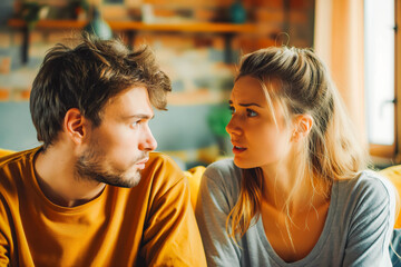 Naklejka premium Emotional stressed young couple having argument at home. Portrait of angry irritated man and woman talking and looking at each other with annoyed. Relationship problems, family conflicts