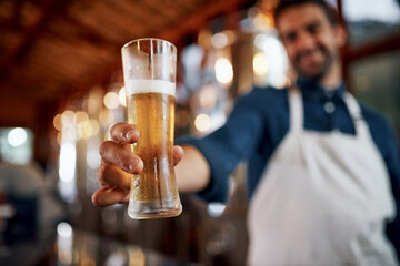 Hand, beer and man brewer in glass for taste of alcohol for quality control production. Industry, career and business owner with drink machine for fermentation in factory for oktoberfest in Munich.