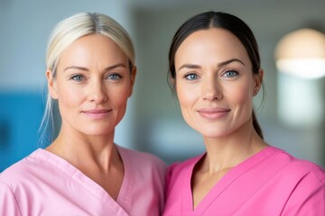 Two confident healthcare professionals in pink scrubs, showcasing teamwork and compassion in a bright medical setting.