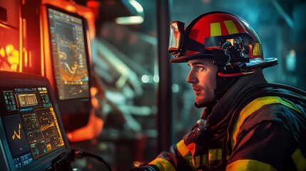 Fototapeta premium Firefighter operating advanced technology, focused on screens in a control room, demonstrating modern safety protocols.