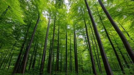 Fototapeta premium Vibrant green forest with tall trees reaching towards the sky, creating a serene and tranquil natural environment.