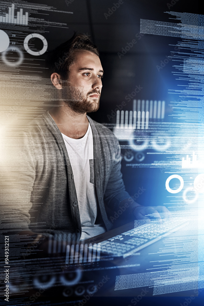 Poster Man, data and night with digital overlay or hologram for future development, statistics or dashboard of analytics. Young male person or analyst working late on futuristic technology, hud or interface