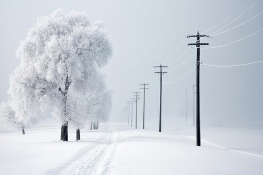 Winter landscape featuring snow-covered trees and power lines under a serene gray sky, conveying a calm and peaceful atmosphere.