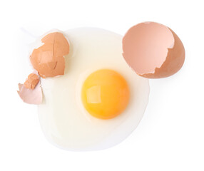 Broken raw egg isolated on white, top view
