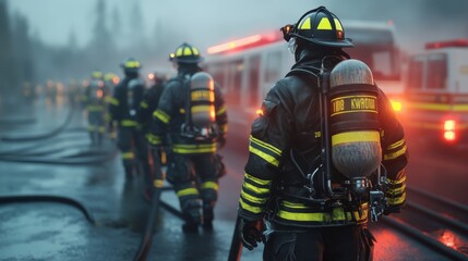 Firefighters in protective gear and helmets walking on a wet road, with fire trucks in the background during an emergency response.