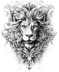 Obraz premium A detailed black-and-white illustration of a lion's face surrounded by ornate patterns.
