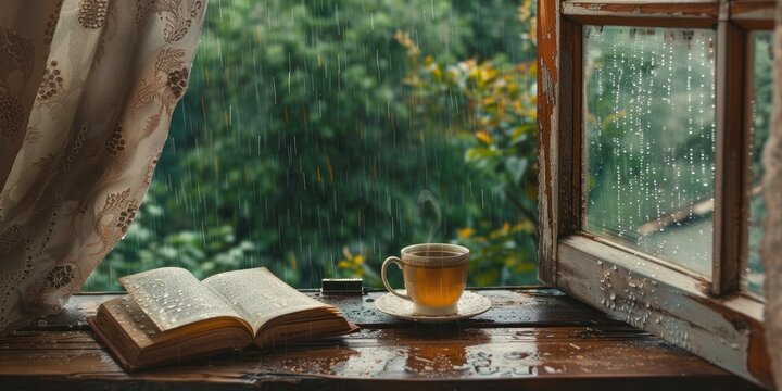 Summer vibes Warm tea and a book on a rustic windowsill as rain gently falls outside Vintage apartment scene Summer rain ambiance