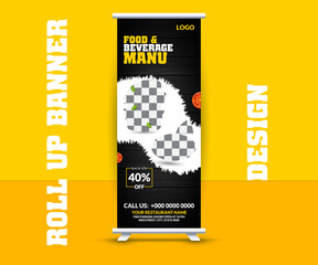 Fast food restaurant business marketing roll up banner template design with abstract background. Pizza, burger and healthy food sale web banner, rack card. Vector template 