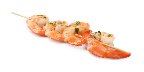 Skewer with delicious grilled shrimps isolated on white