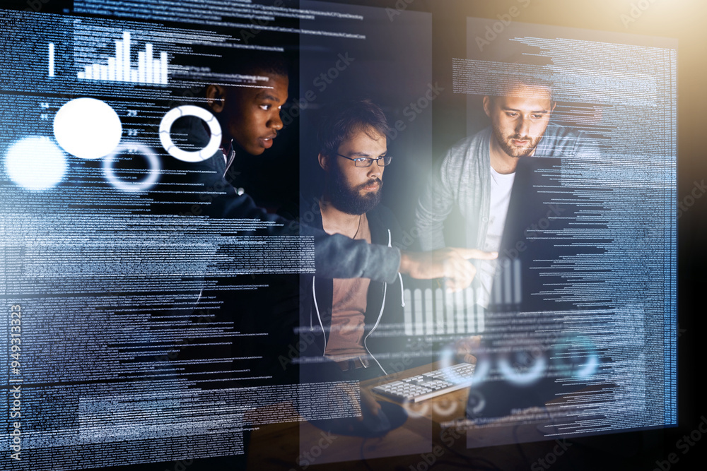 Poster Business people, data and night with overlay in analytics, future development or statistics at office. Group of young developers working late on futuristic technology with graph, chart or performance
