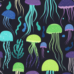 Naklejka premium Jellyfish under the sea, seamless repeating pattern. Colors of blue, green and purple, flat design