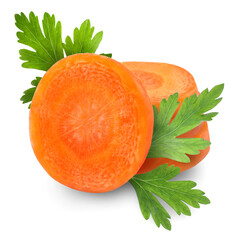 Round carrot slices and parsley isolated on white