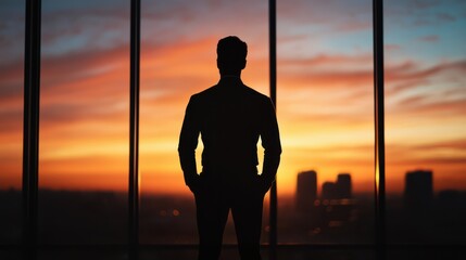 A man stands in front of a window, looking out at the city skyline. The sky is a beautiful mix of orange and pink hues, creating a serene and peaceful atmosphere. The man is lost in thought