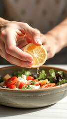 Close-up of Lemon Juice Drizzling onto a Fresh Salad