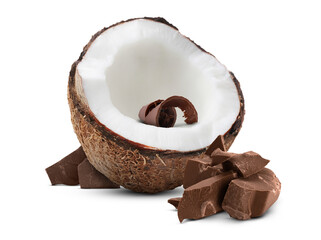 Coconut and sweet chocolate isolated on white