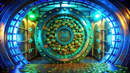 Obraz premium An Open Vault Door With Gold Coins and a Circle of Glittering Balls