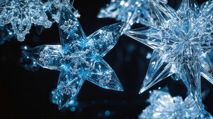 Delicate large icy crystals are arranged as festive Christmas decorations, resembling stars and snowflakes, shining against darkness. Generative AI