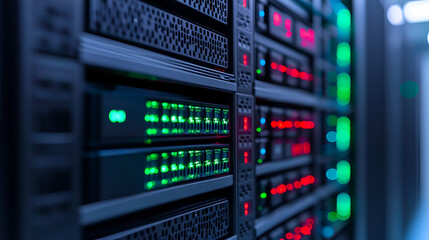 Closeup of Server Racks with Green and Red Lights, Highlighting Network Activity and Technology