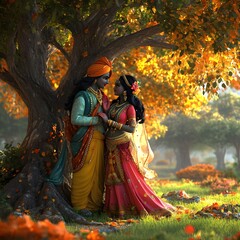 Fototapeta premium Radha and Krishna Depicted in Cartoon Style 3D Scene in Pastoral Setting