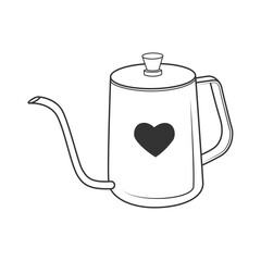 Metal kettle for a hot drink with a heart. Dishes for tea, cocoa, hot water. Kitchen utensils. Vector illustration in doodle style.