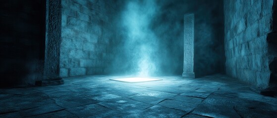 Obraz premium Mysterious Ancient Stone Chamber with Glowing Portal and Pillars in a Foggy Atmosphere
