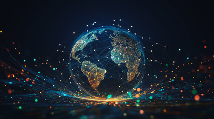 Abstract colorful business connection of lines from nodes It is connected to endless nodes and represents the innovation of communication cyber security in the network with black background