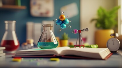 Colorful Chemistry Lab with Molecular Model and Beaker on Open Book in Bright Classroom