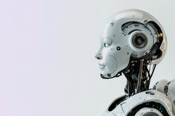 A professional portrait of a single white robot cyborg set against a vibrant solid background captures its cheerful demeanor.