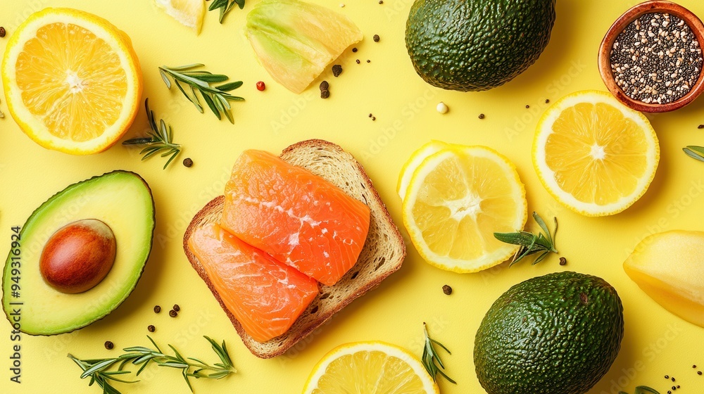 Aufkleber Enjoy a nutritious breakfast spread with avocado toast topped with salmon, surrounded by fresh citrus on a bright yellow surface. Generative AI