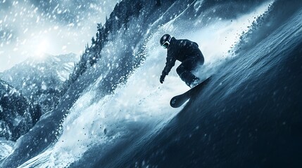 Snowboarder carving down a snow capped mountain with light reflecting off the powder