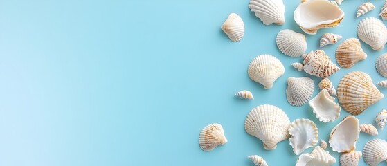 Soft Pastel Blue Beachy Background with Seashell Border for Serene Textual Overlay