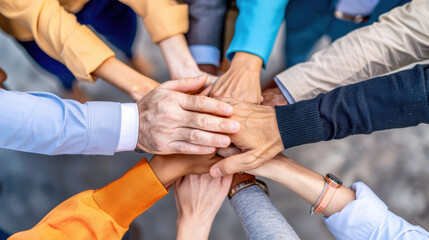 Business professionals place their hands together in a show of unity and collaboration, shared commitment to success in a corporate environment.