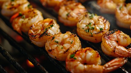 Grilled shrimp skewers on barbecue grill with herbs and spices, close-up view of delicious seafood skewers sizzling over flames.
