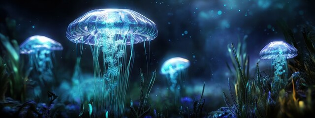 Obraz premium Enchanting Underwater Scene with Glowing Jellyfish in a Mystical Ocean Environment