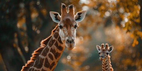 Obraz premium Young giraffe standing next to its parent.