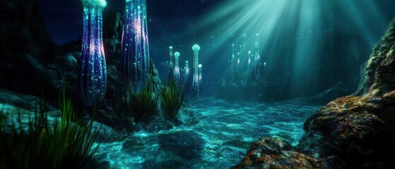 Obraz premium Mystical Underwater Scene with Glowing Jellyfish and Sunlight Beams