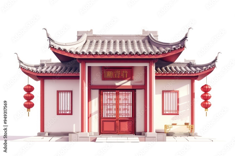 Poster a small building with a bright red door in front of a white facade, ideal for use in illustrations o