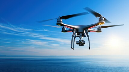 A drone flying over a scenic ocean landscape under a clear blue sky, showcasing advanced technology and aerial photography capabilities.