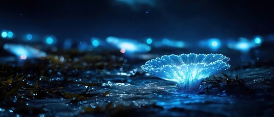 Enchanting Bioluminescent Mushrooms Glowing in a Mystical Night Forest