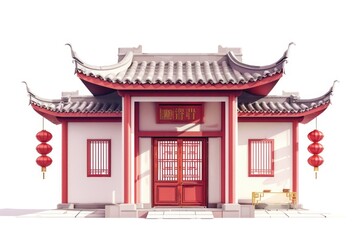 Obraz premium A small building with a bright red door in front of a white facade, ideal for use in illustrations or photography projects