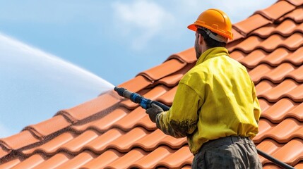 A construction worker in a hard hat and protective clothing uses a power washer to clean a red tile roof under a blue sky.