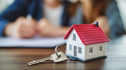 Miniature house with a red roof and keys on a wooden table, with a blurred couple in the background signing documents, symbolizing home buying and real estate transactions.