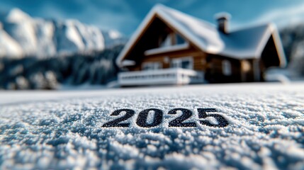 Snow-covered "2025" text with a blurred wooden cabin in the background, set against a snowy mountain landscape, evoking winter and New Year vibes.
