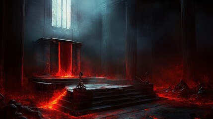 Mysterious Dark Temple with Glowing Lava and Eerie Atmosphere