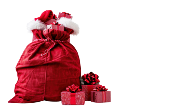 Christmas sack full of presents isolated on white background