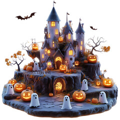 Fototapeta premium Halloween 3D Village illustration. Cute Scary Pumpkins and Ghosts graphic design.