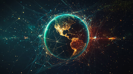 Obraz premium Abstract colorful business connection of lines from nodes It is connected to endless nodes and represents the innovation of communication cyber security in the network with black background