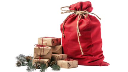 Christmas sack full of presents isolated on white background